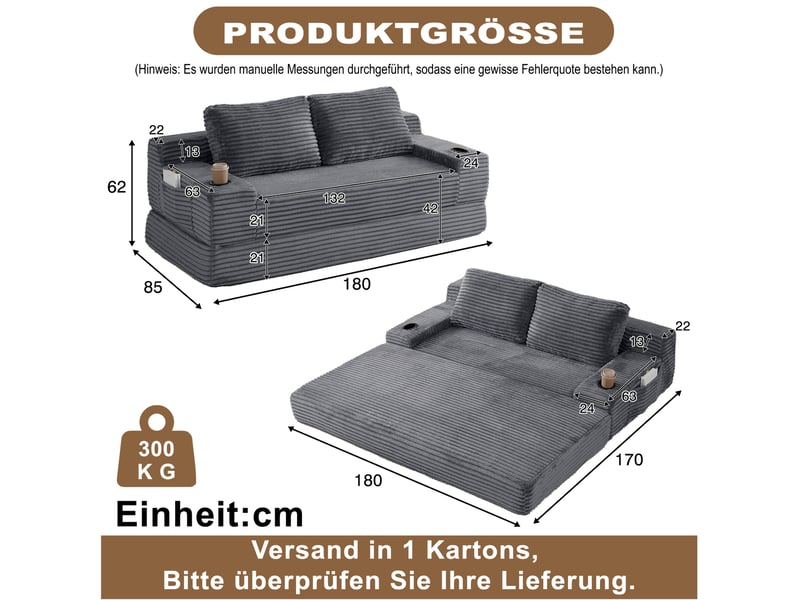  Canapé-lit 2 places 180x85x62 cm 2-en-1 gris sans matelas  - Conforama E
