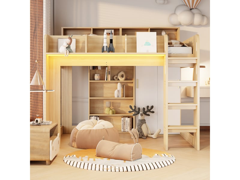  Lit mezzanine 140x200 cm, armoire à portes coulissantes avec penderie, étagères, led et sommier à lattes, mdf et décor bois naturel OMNIGLINT TRADING LTD - Conforama D