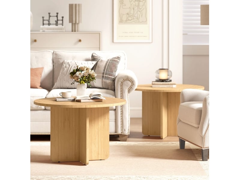  Table basse ronde avec piètement croisé et pieds réglables, pour salon, en bambou, bois naturel, 66 × 66 × 45 cm  - Conforama C