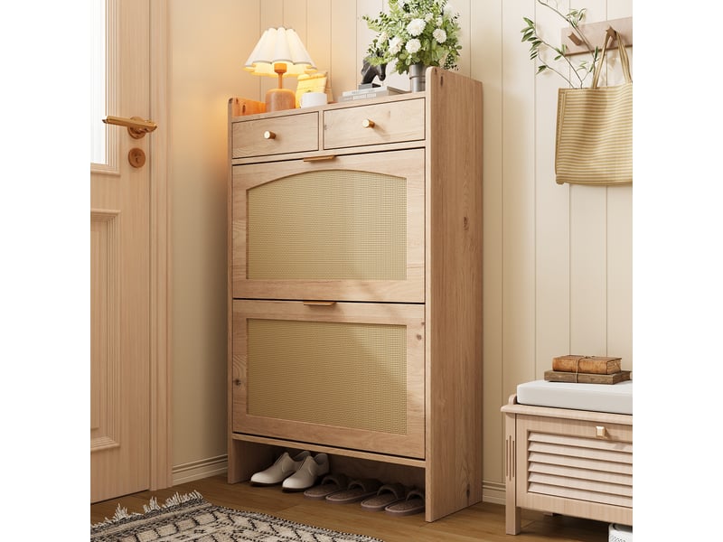  Meuble à chaussures étroit rotin 2 portes et tiroirs, armoire rangement entrée aspect bois 65x25x106cm  - Conforama R
