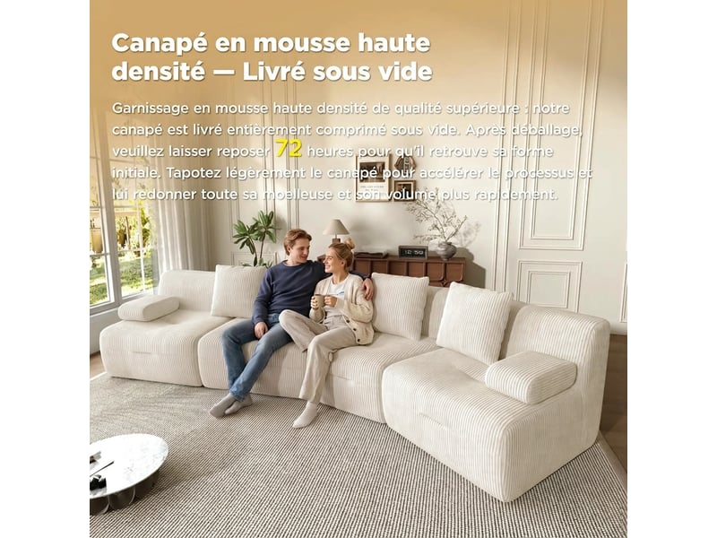  Canapé modulable 4 places en velours côtelé sans montage beige clair  - Conforama C