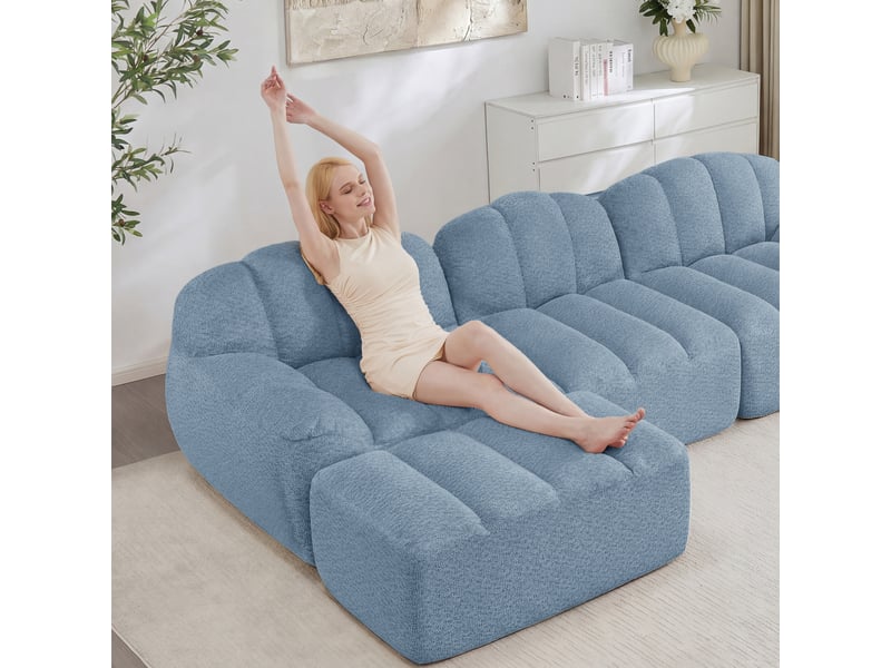  Canapé panoramique coquille 3 places, 2 poufs bleu – 288 x 165 x 79 cm Fay Lum - Conforama E