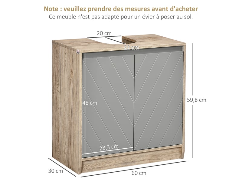  Meuble sous-vasque 2 portes, chêne clair et gris, 60 x 30 x 59,8 cm  - Conforama E
