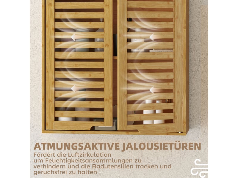 Armoire de salle de bain murale en bambou avec portes à lattes respirantes, étagère réglable, 60 x 20 x 60 cm, bois naturel - Conforama D