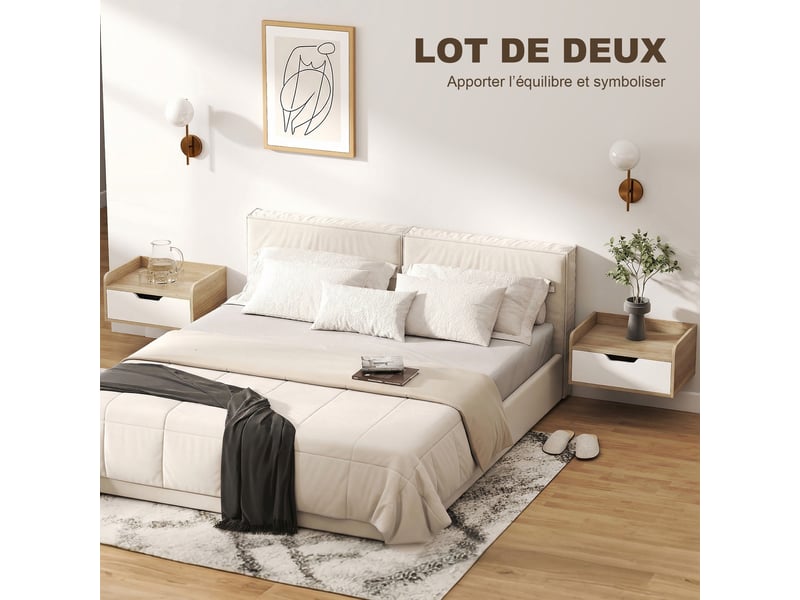  Lot de 2 tables de chevet murales, tables de nuit avec tiroir et plateau à rebords surélevés, bois naturel, 40x30x19,5cm  - Conforama A