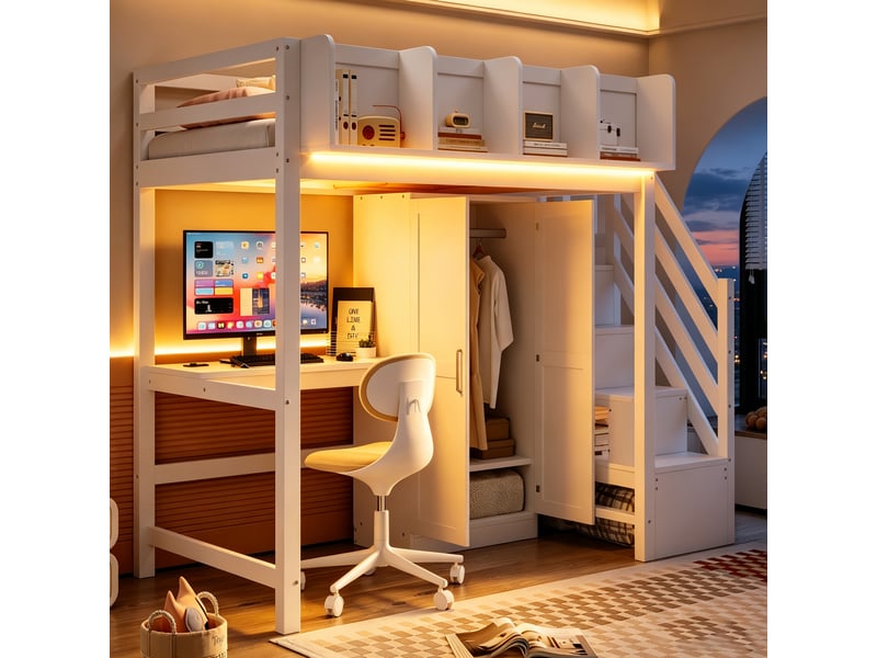 Lit mezzanine 90x200 cm avec bureau et armoire - lit enfant avec rangement, led et sommier à lattes - bois blanc - Conforama W