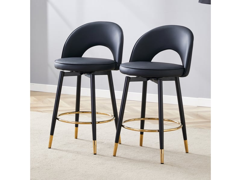  Lot de 2 tabourets de bar 44x47.4x92cm – pivotants à 360° avec dossier ajouré et repose-pieds – similicuir pu - noir  - Conforama B