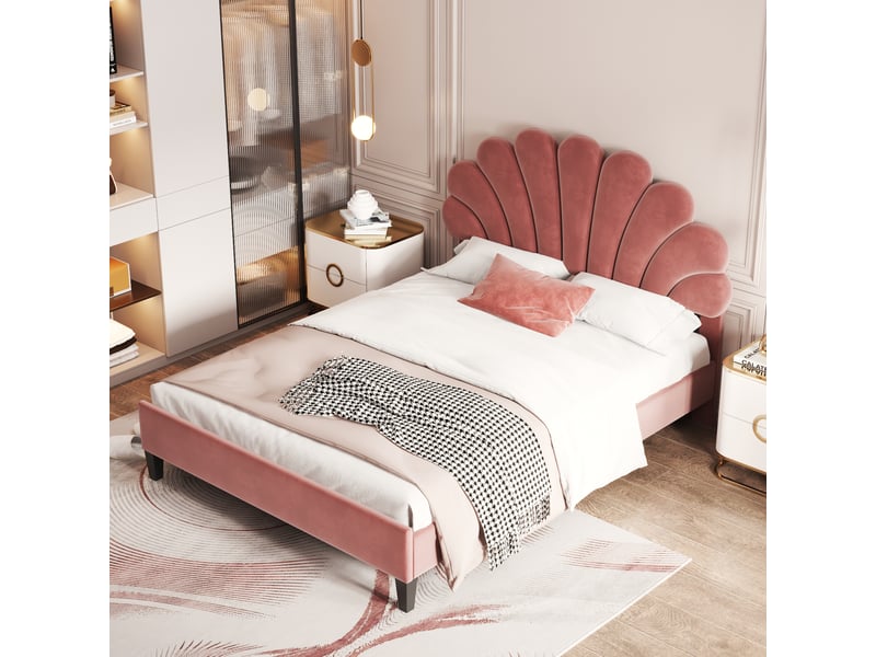  Lit adulte 140 × 200 cm 2 places avec tête de lit fleurie, sans matelas, en velours rembourré, rouge brique  - Conforama E