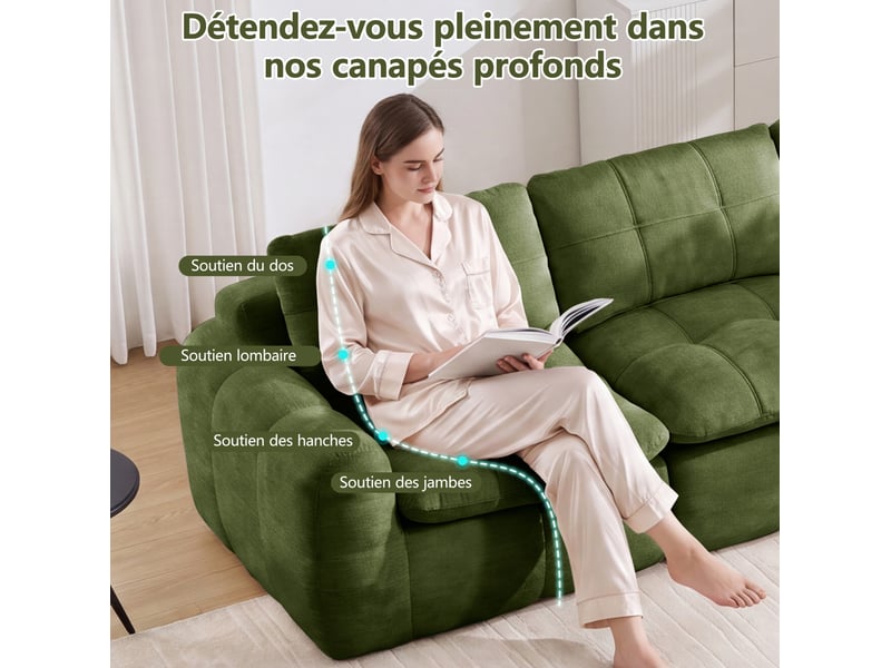 Canapé d'angle modulable 4 places avec ottoman sans cadre, en chenille vert - Conforama E
