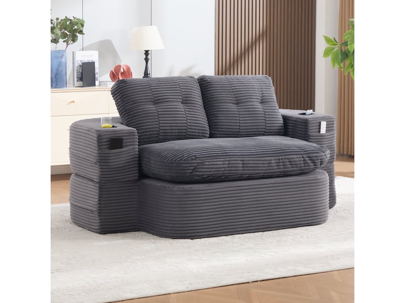  Canapé 2 places en velours côtelé gris foncé avec accoudoirs amovibles et dossier haut, assise extra profonde  - Conforama B