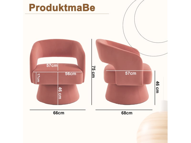  Fauteuil pivotant à 360° 66x68x75 cm, garnissage en mousse moelleuse, dossier ouvert, tissu en chenille, rose, piètement en métal, bois  - Conforama C