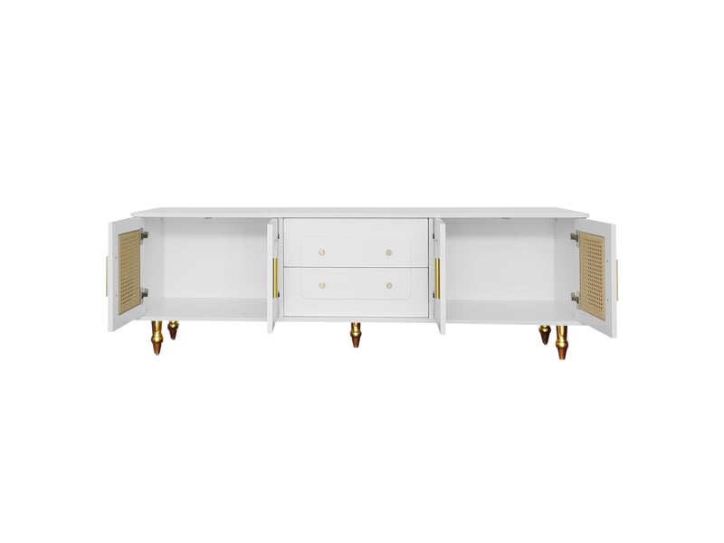  Meuble tv bas 160 cm rétro chic rotin naturel, poignées dorées, pieds métal  - Conforama A