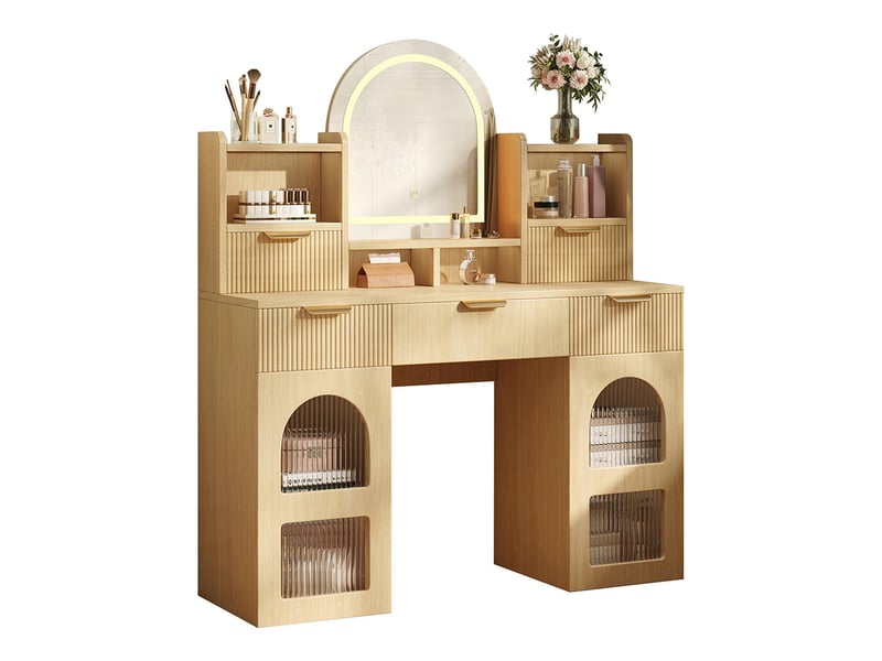Grande coiffeuse éclairage led miroir 3 tiroirs 2 armoires vitrées étagères chambre coucher bois 120x40x139,5 cm  - Conforama E