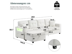 Canapé d'angle modulable 4 places en lin beige avec pouf de rangement et led