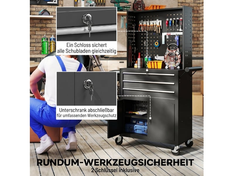  Armoire à outils mobile 69 x 33 x 133 cm noire en acier, 3 tiroirs, rangement d'atelier avec roulettes  - Conforama E