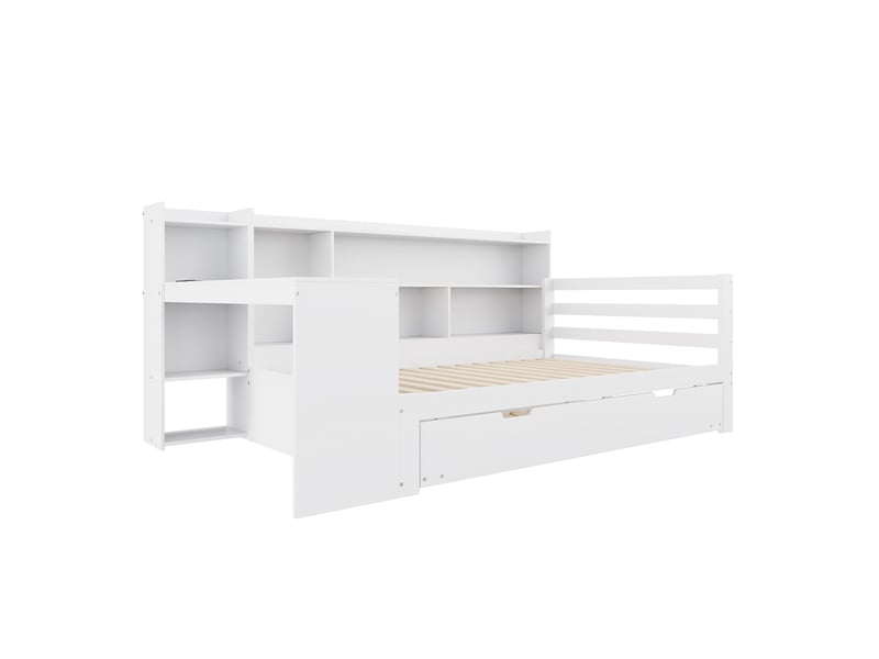 Lit banquette 90x200 cm – blanc – bureau intégré, rangements, couchage gigogne et prises usb – sans matelas - Conforama E