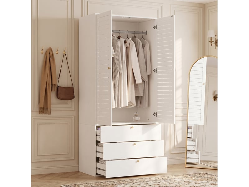  Armoire 2 portes à lamelles avec 3 tiroirs et penderie, 90 x 50 x 200 cm, blanche  - Conforama B