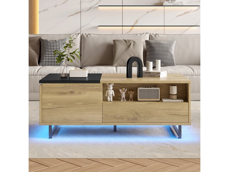  Table basse relevable - 106.5x50x37.5cm - led, double plateau, rangement multifonction, style rétro - bois et noir  - Conforama B