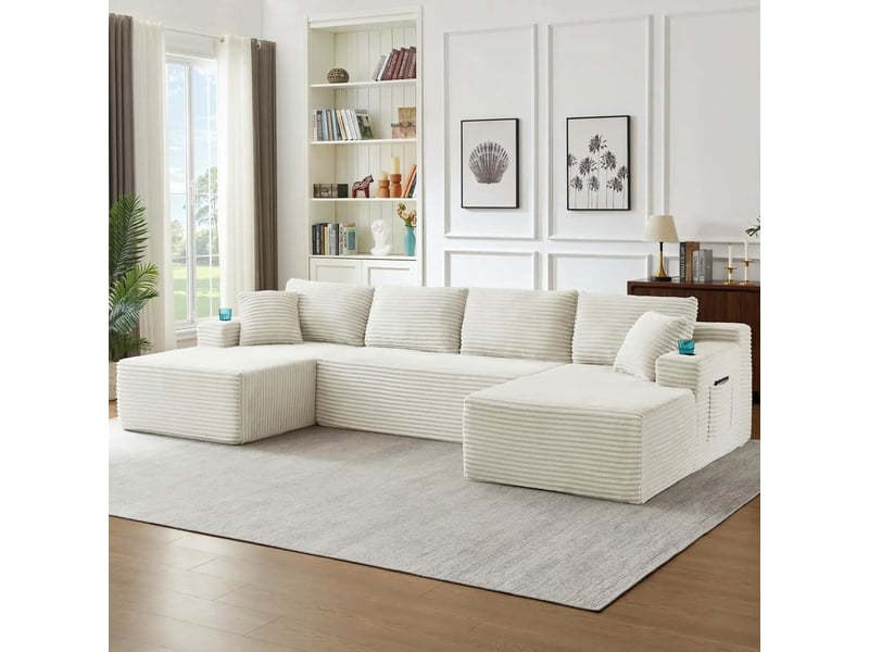  Canapé modulable en u 6 places en velours côtelé beige sans armature  - Conforama C