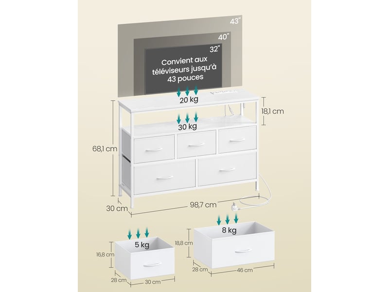  Commode de rangement moderne avec 7 tiroirs et étagère 30 x 98,7 x 68,1 cm style industriel en aggloméré blanc nuage 12_0012744  - Conforama B