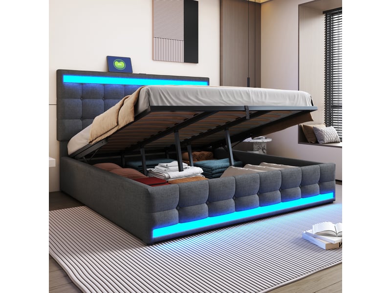  Lit capitonné 180x200 cm en lin gris, rangement hydraulique, led et usb, avec sommier  - Conforama D