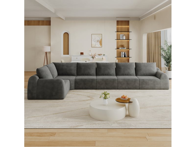  Canapé d'angle modenvie 6 places 401 x 200 x 85 cm en chenille gris foncé mousse haute élasticité  - Conforama E