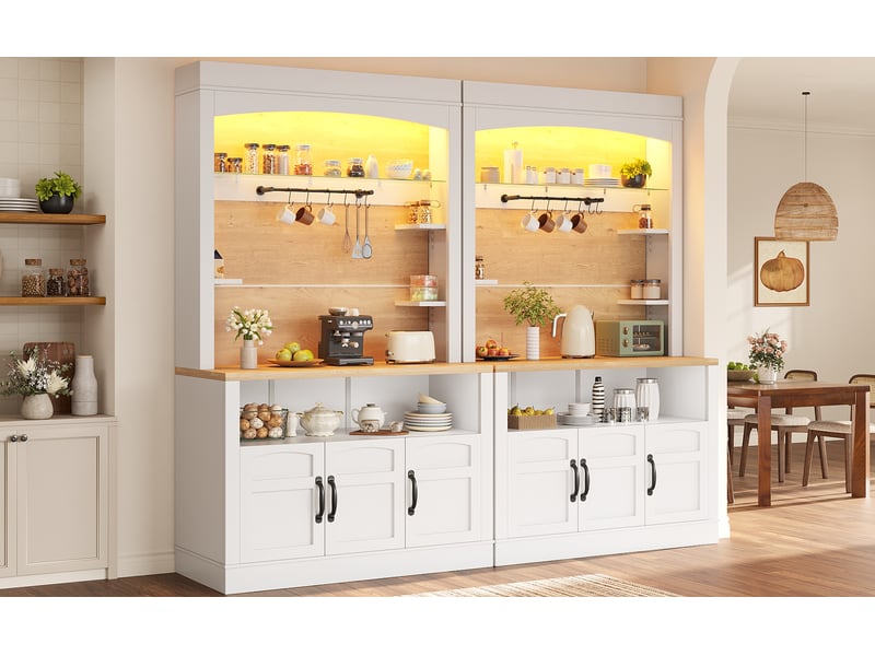  Lot de 2 buffets de cuisine avec led connectée, meubles de rangement avec plan de travail, blanc, 203 x 40 x 174 cm Fay Lum - Conforama E