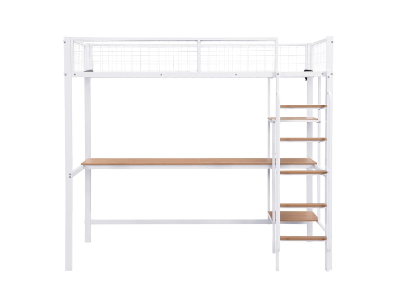  Lit superposé en fer avec table et étagères, adapté aux enfants et adolescents, avec échelle à cinq marches et barrière de sécurité, en fer et mdf, blanc et naturel, 90 x 200 cm.  - Conforama D