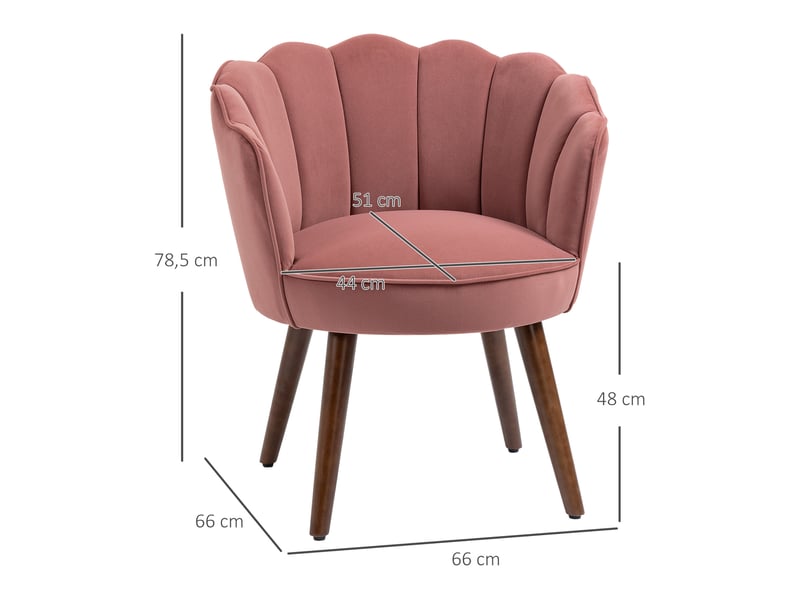 Fauteuil de salle à manger 66x66x78,5 cm, dossier pétale, accoudoirs, polyester, pieds en bois, rose  - Conforama C