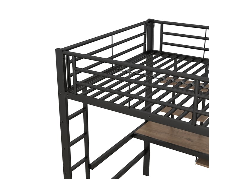  Lit mezzanine 140 x 200 cm avec bureau, 2 étagères et tablette clavier, lit double en métal noir avec garde-corps et échelles intégrées  - Conforama E