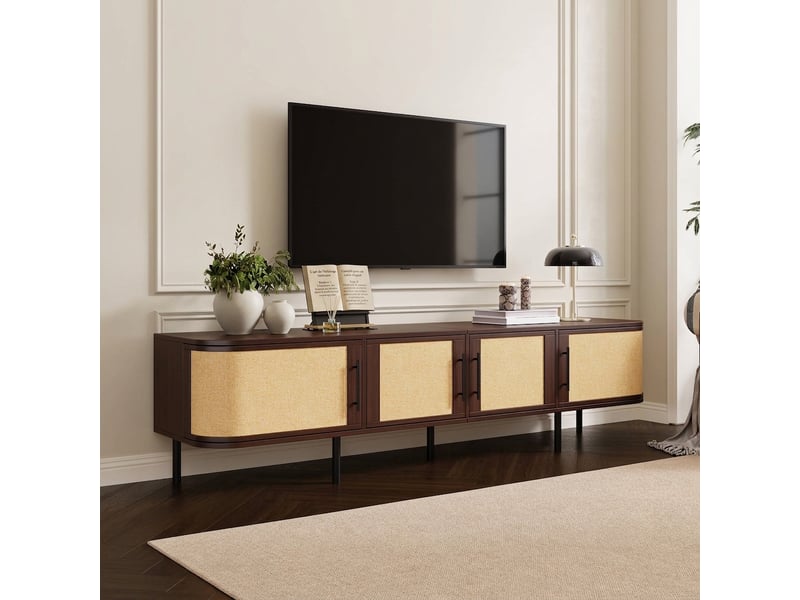  Meuble tv noyer 180 cm façade tressée 4 portes pieds métal  - Conforama C