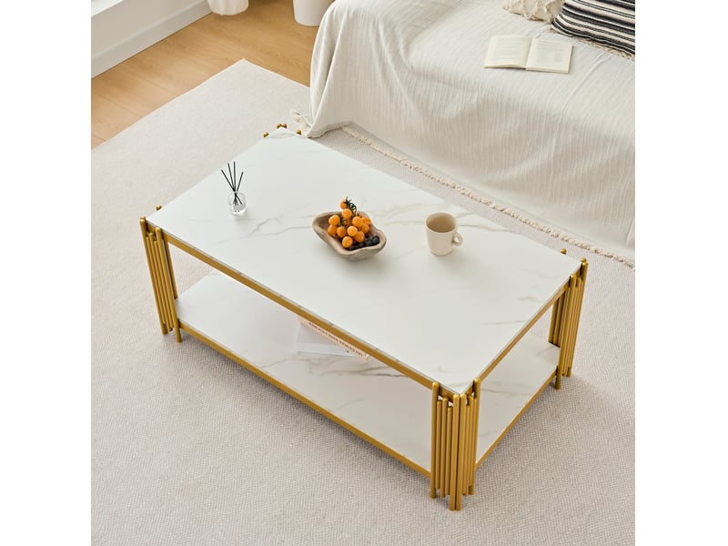  Table basse rectangulaire avec 2 étagères et plateau effet marbre, style moderne, pour salon, 114 × 64 × 46 cm  - Conforama B