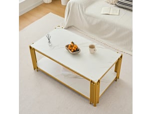 Table basse rectangulaire avec 2 étagères et plateau effet marbre, style moderne, pour salon, 114 × 64 × 46 cm