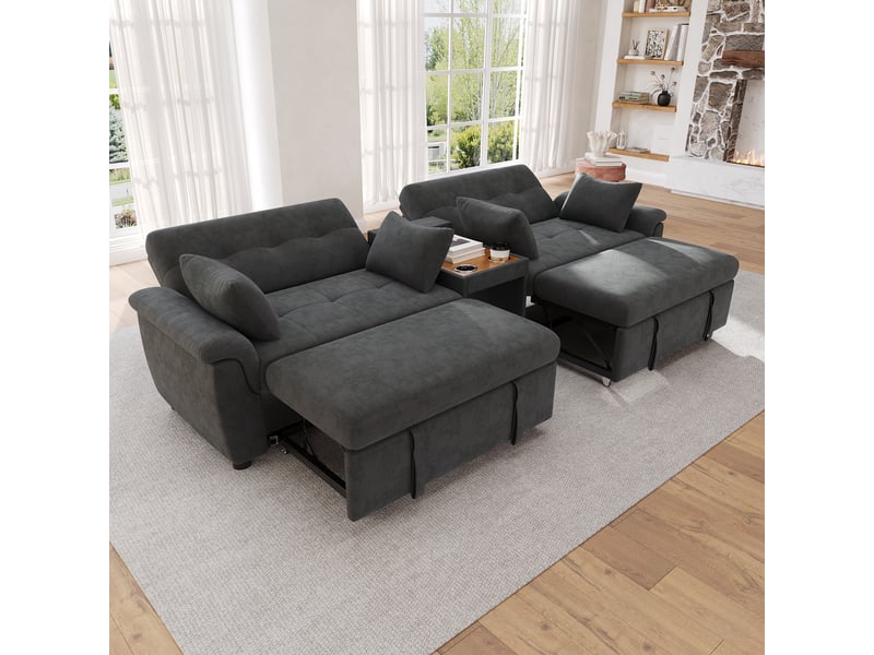  Canapé-lit 2 couchages 284x138x89 cm double couchage coulissant, dossier réglable, chenille gris foncé  - Conforama C