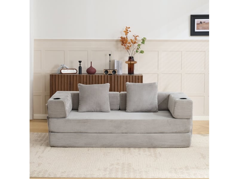  Canapé convertible au sol, canapé compressé avec dossier oreiller, accoudoirs et porte-boisson, lit sommeil gris clair en velours côtelé  - Conforama C