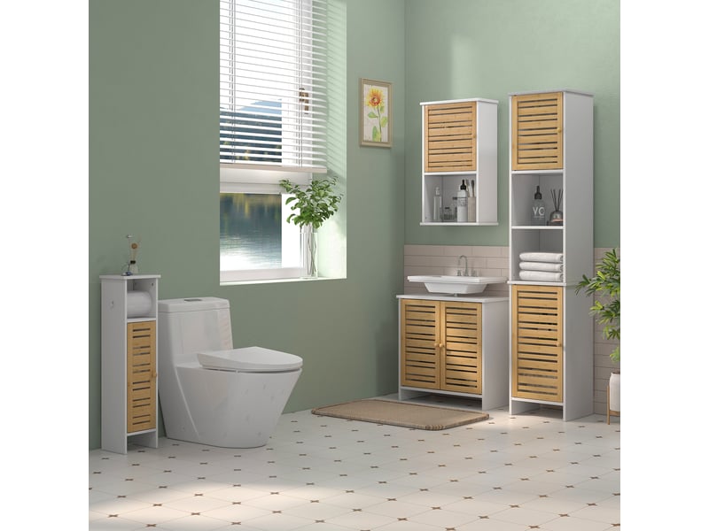  Meuble sous-évier moderne avec portes magnétiques en bambou et étagère réglable 60 x 30 x 60 cm blanc et naturel  - Conforama C