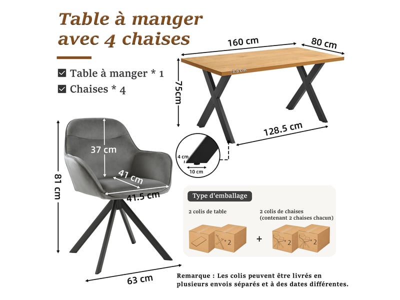 Ensemble table et 4 chaises - table rectangulaire 160x80 cm monobloc en chêne sauvage et pieds métal, 4 chaises en velours gris foncé et pieds métal - Conforama C