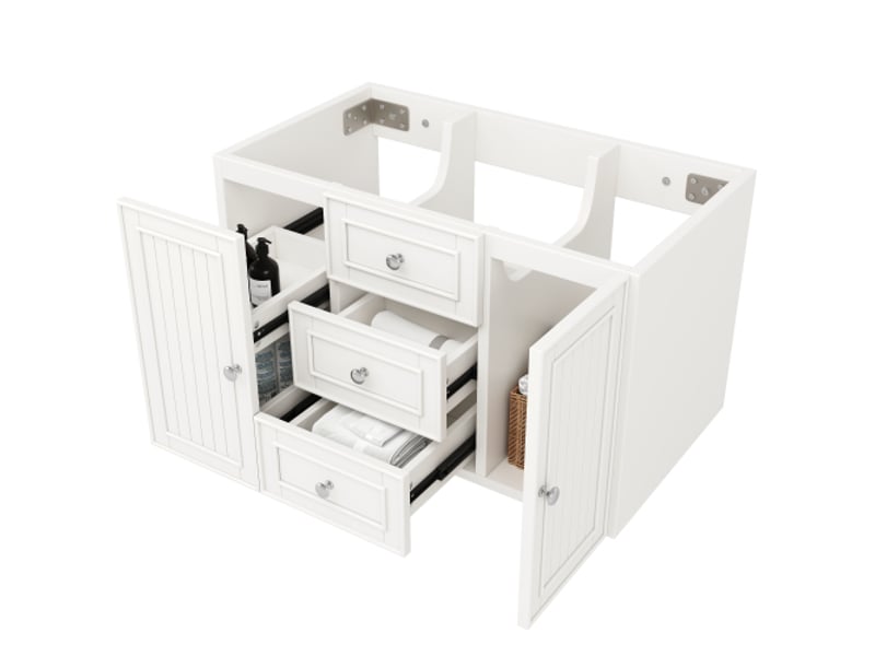 Meuble salle de bains suspendu 78,5 cm blanc avec vasque intégrée, 3 tiroirs et grand espace de rangement, style moderne - Conforama W