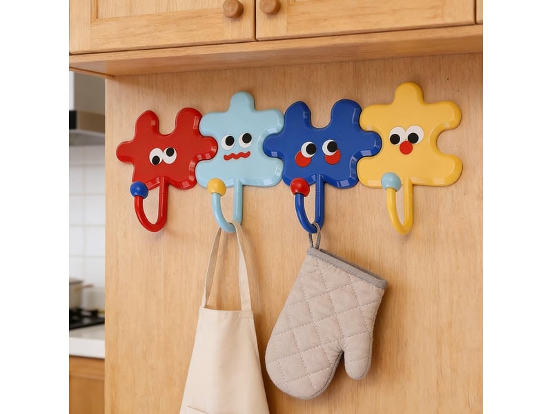  Lot de 4 crochets utilitaires en forme de puzzle multicolores auto-adhésifs solides pour salle de bain, chambre à coucher  - Conforama A