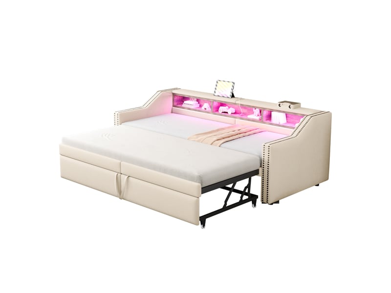 Lit banquette 2 places 90×200 et 180×200 cm extensible, led et usb - okmyhome- beige, avec deux matelas - Conforama A