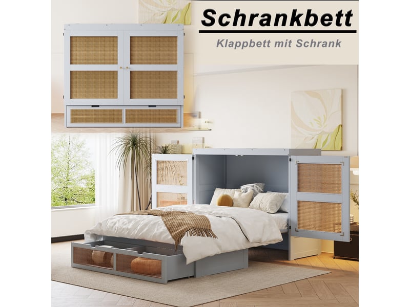  Lit armoire 140 x 200 cm en bois avec lattes, tiroirs et design rotin, gris gain de place  - Conforama D