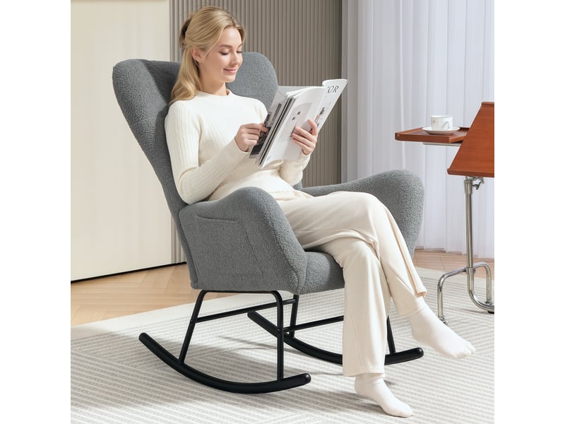  Fauteuil à bascule gris en tissu bouclette avec patins en bois et poche latérale, 120 kg max  - Conforama B