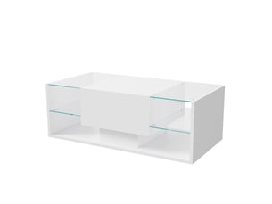 Table basse salon - design flottant avec éclairage led - double rangement et tiroir - plateau verre trempé - blanc
