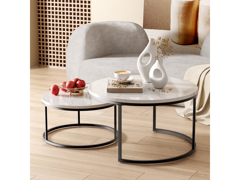  Table basse gigogne 2 pièces effet marbre blanc noir mdf structure métal cravdom  - Conforama C