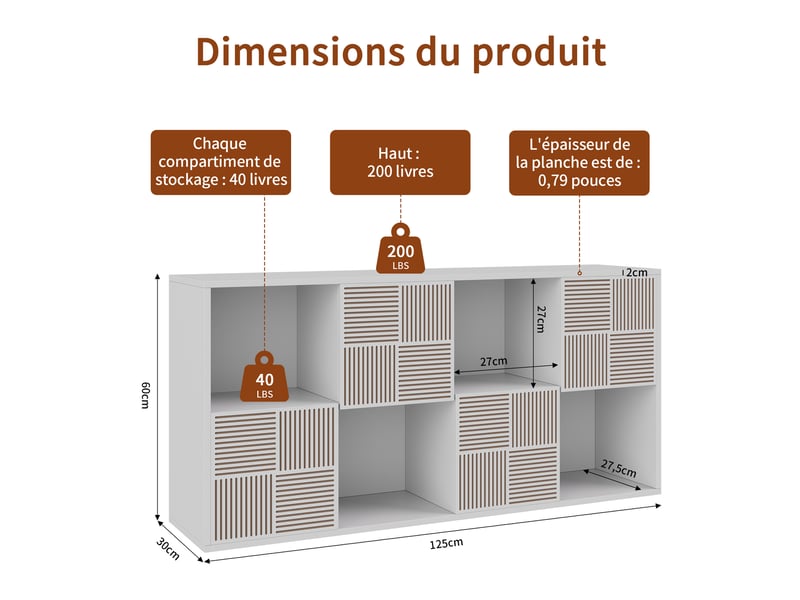 Bibliothèque - 125 x 30 x 60 cm - blanc ivoire - meuble de rangement avec portes à effet lattes et niches - meuble tv ou étagère polyvalent - Conforama B