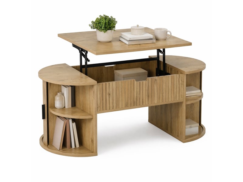 Table basse ovale avec plateau relevable, 2 portes coulissantes et étagères ouvertes, mdf, chêne, 100 × 50 × 40.5 cm  - Conforama A