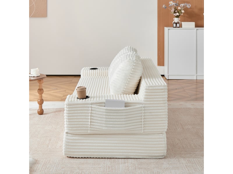  Canapé-lit convertible 2-en-1 en velours côtelé, avec 2 coussins, porte-gobelets intégrés et poches de rangement latérales - beige  - Conforama D