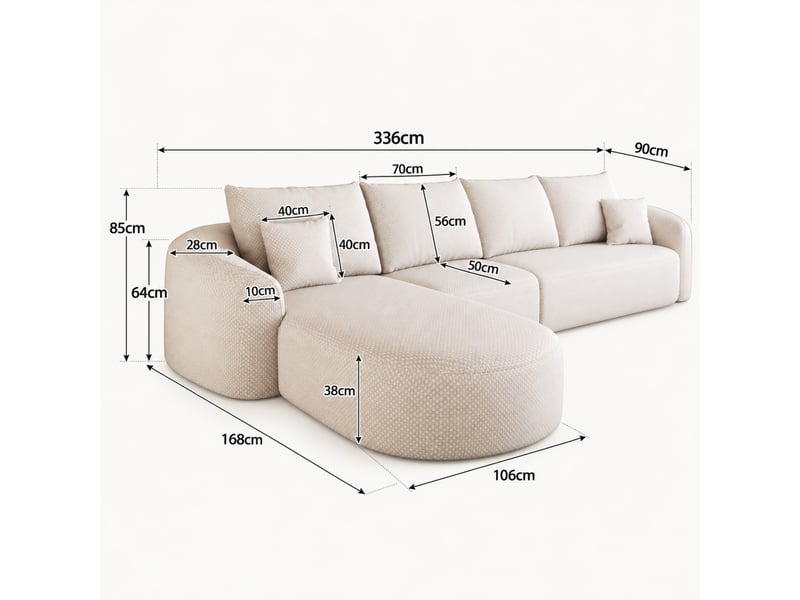 Canapé d’angle modulable 336 cm, 3 places, mousse compressée sans montage, assise profonde avec coin, blanc - Conforama C