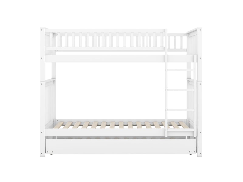 Elvmi lit superposé enfant 90x200 cm avec lit gigogne 90x190 cm, pin massif et mdf, escalier latéral, barrières hautes, structure séparable 3 couchages, blanc - Conforama E