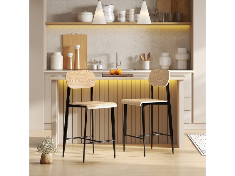  Ensemble de 2 tabourets de bar, chaises de bar avec dossier et structure en métal, bois, marron clair  - Conforama D